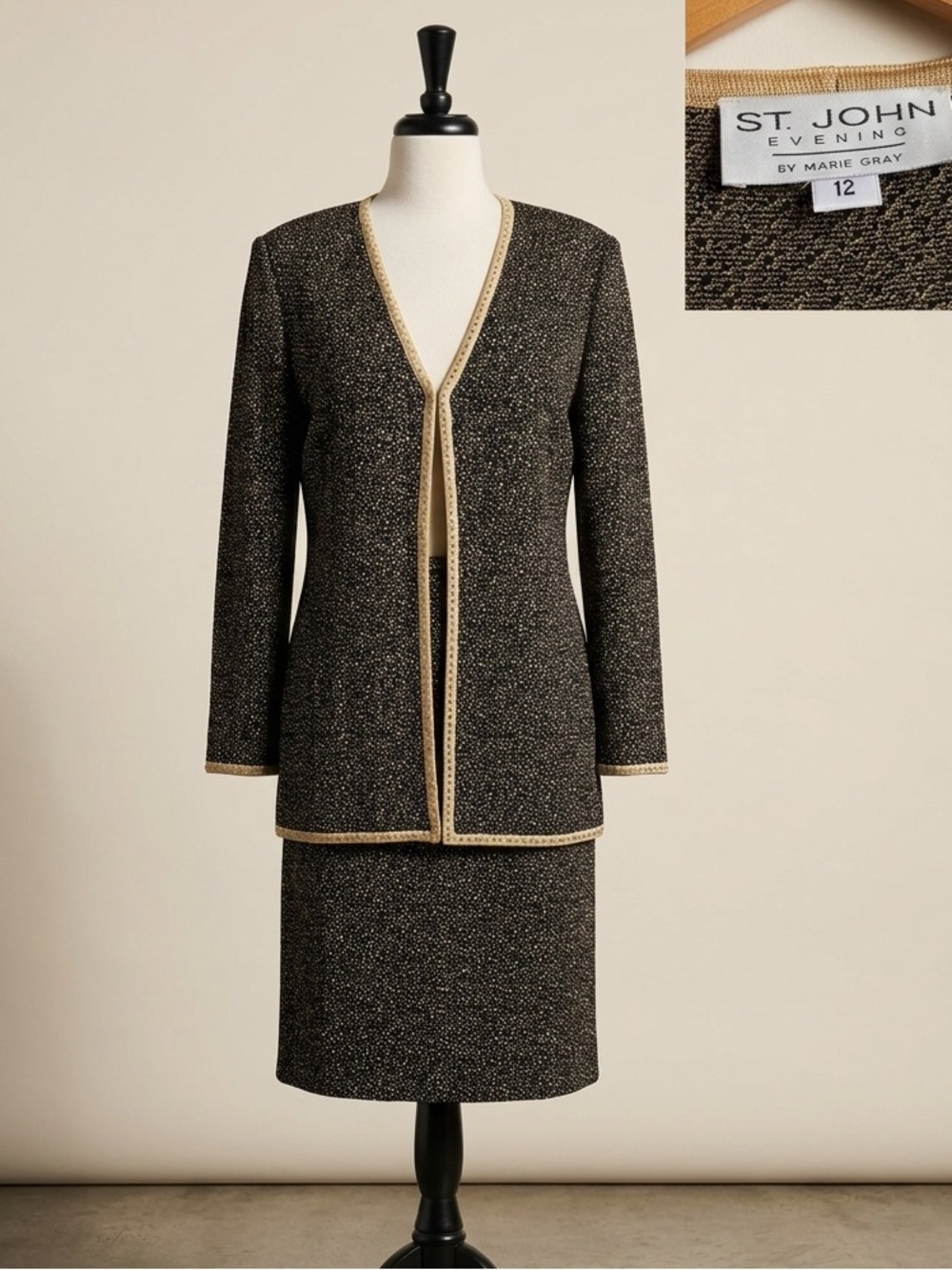 St. John Evening by Marie Gray Textured Black & Gold Trim Skirt Jacket Set